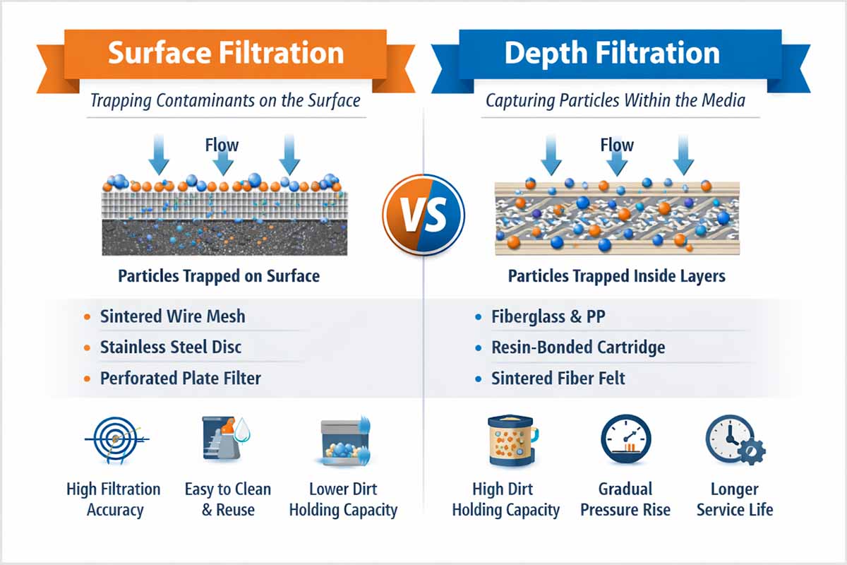 Filter element clogging -surface and depth filtration
